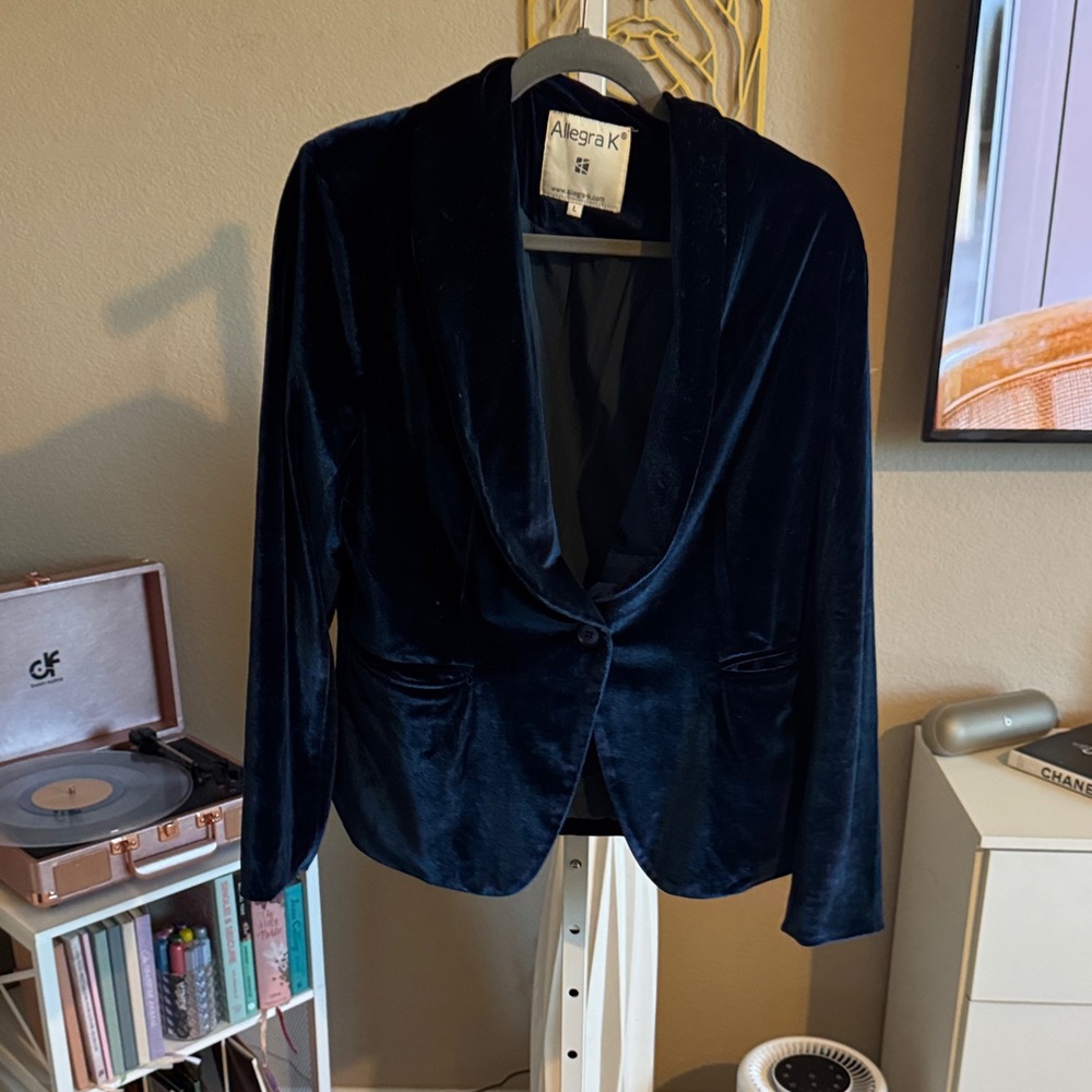 Allegra K Women's Deep Blue Velvet Blazer